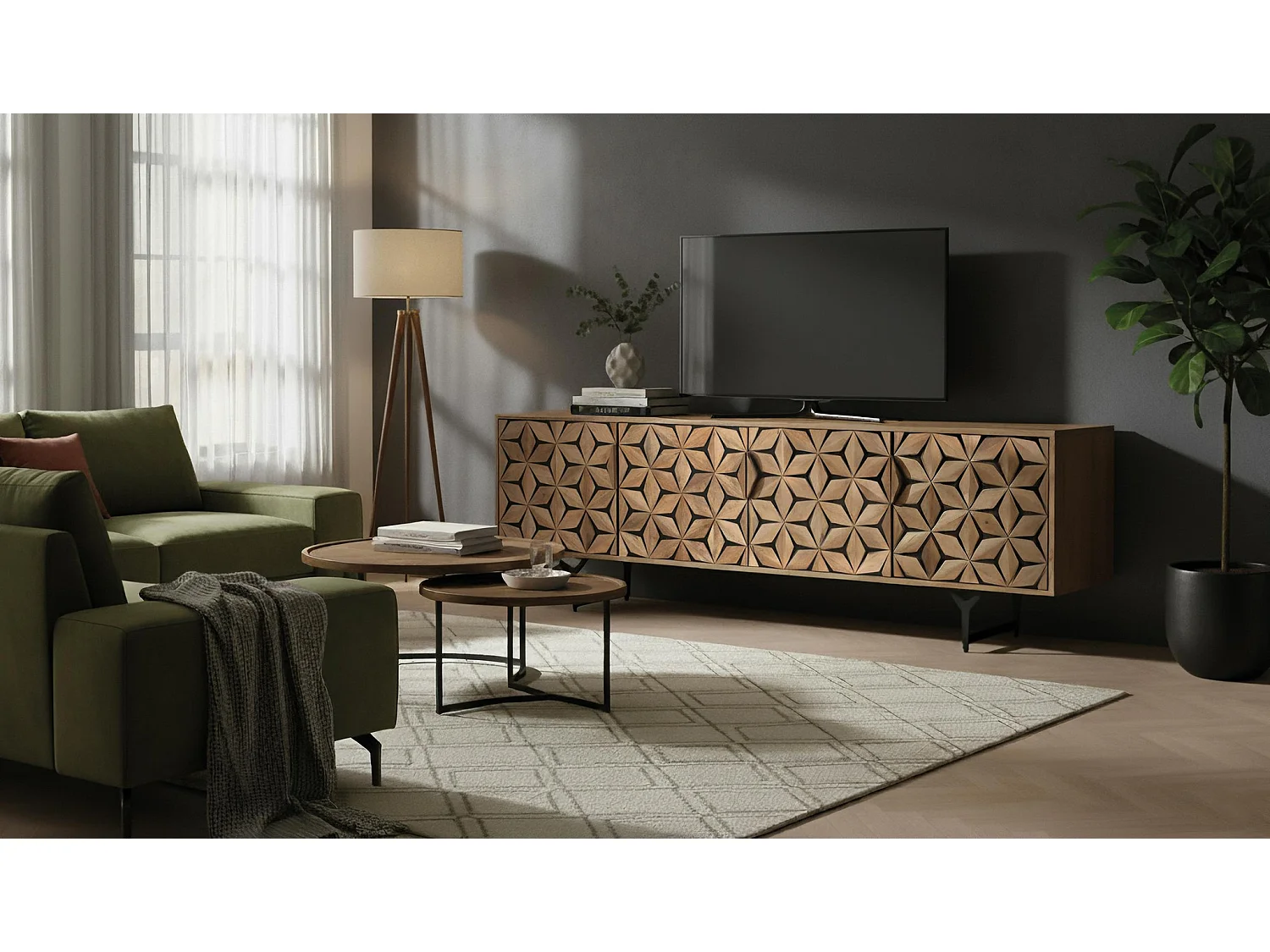 Szafka RTV z drewna mango 177 cm, styl nowoczesny, geometryczny - 58x177x40