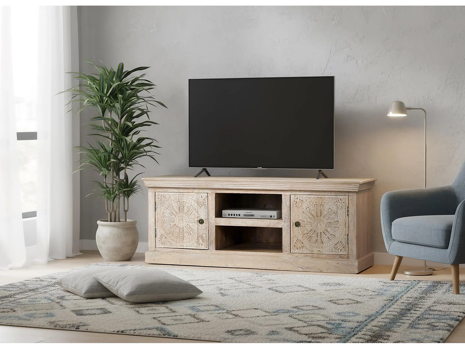 Meuble TV avec 2 portes et 2 compartiments en bois de manguier