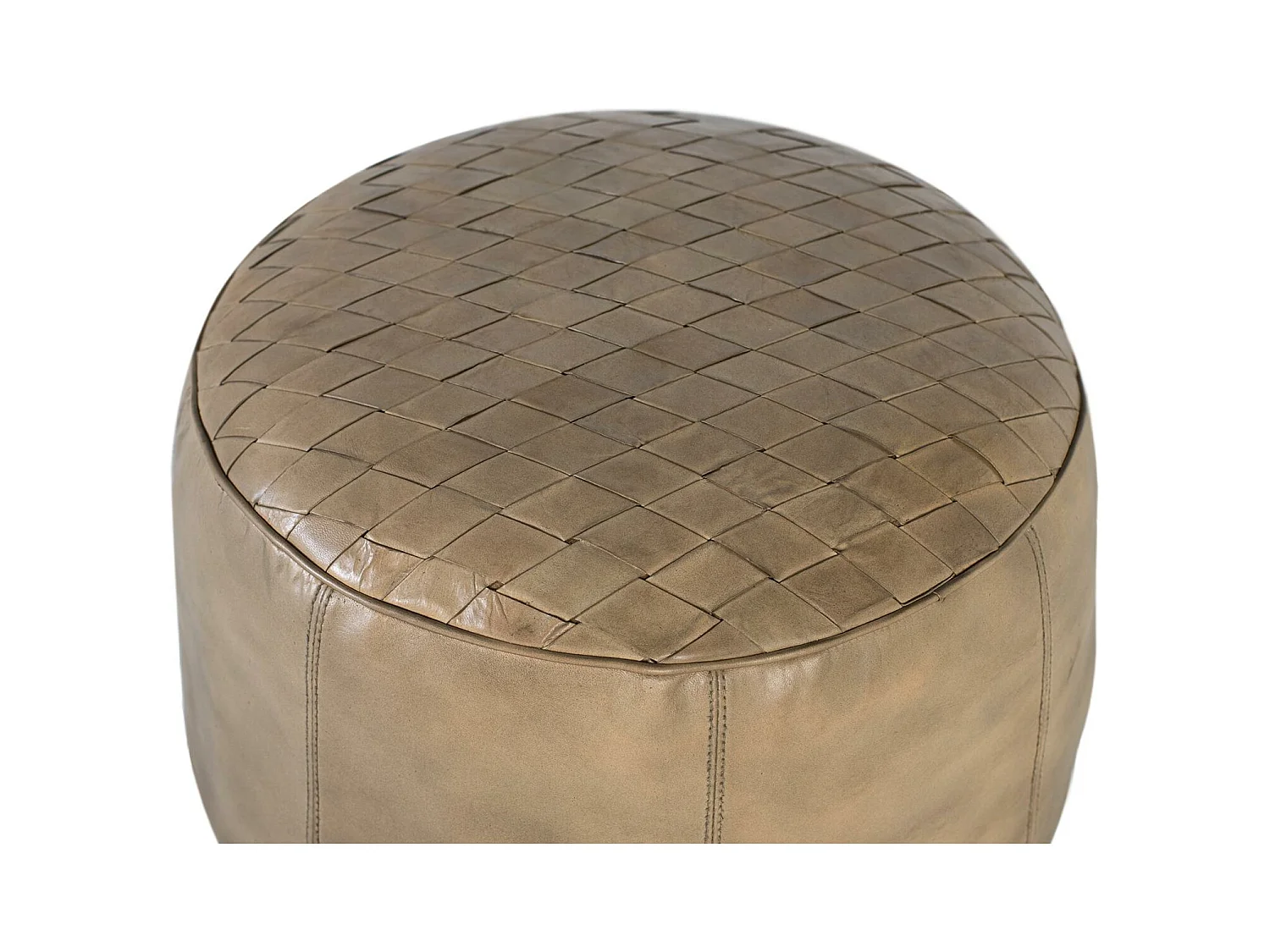 Ronde poef bekleed met natuurlijk beige leer