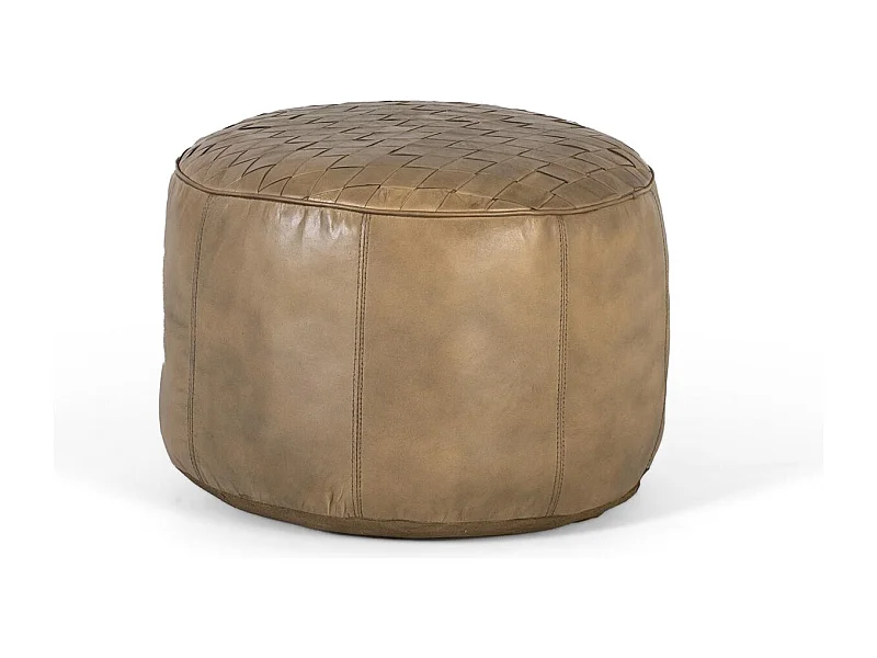 Pouf rond recouvert de cuir beige naturel