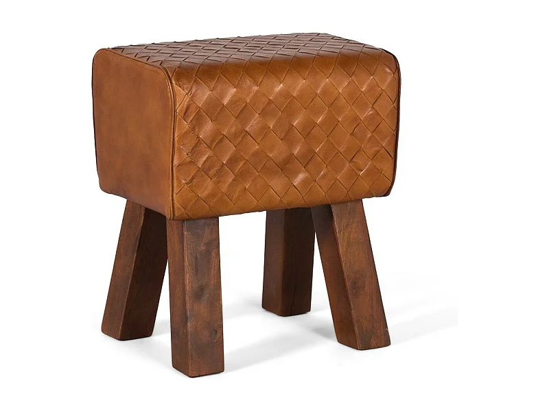 Tabouret recouvert de cuir naturel et pieds en manguier massif