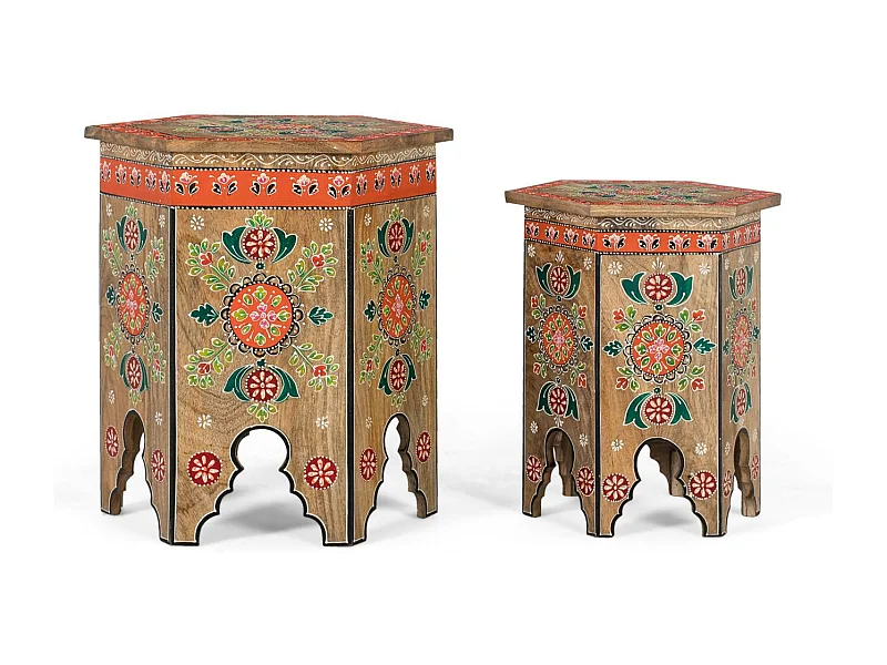 Set aus zwei handgeschnitzten und bemalten Hockern