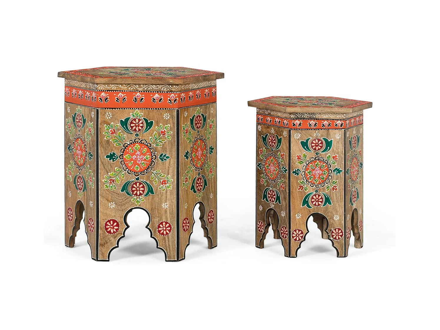 Set van twee handgesneden en beschilderde krukken