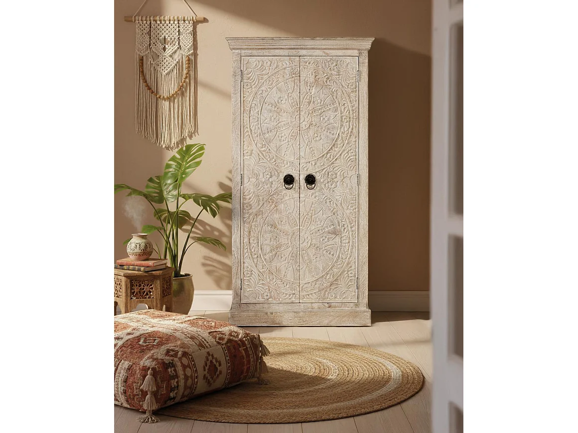 Armoire en bois de manguier 90 cm, style ethnique colonial sculpté - 166 x 90 x 40