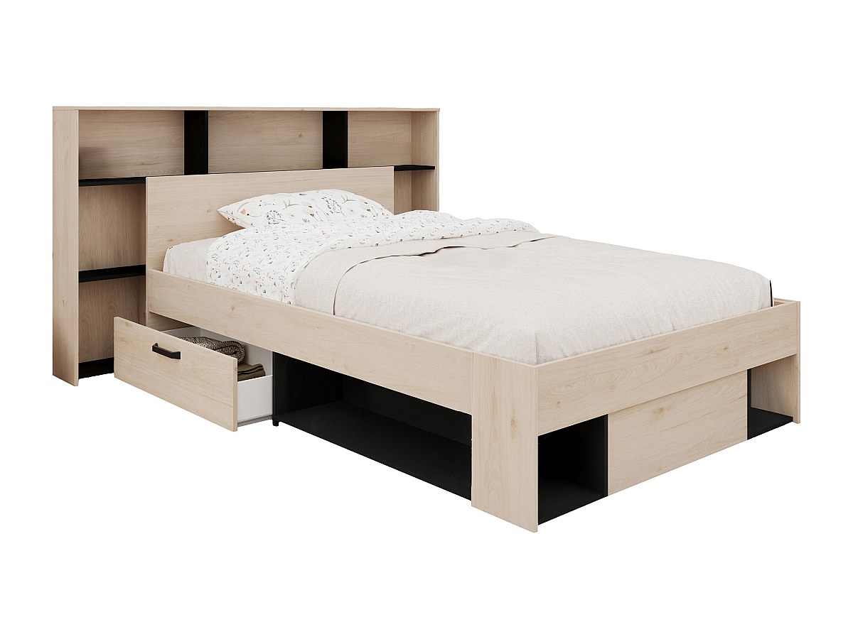 Bett 120 x 190/200 cm mit Kopfteil & Stauraum - Natur & Schwarz - KINSELIA günstig online kaufen