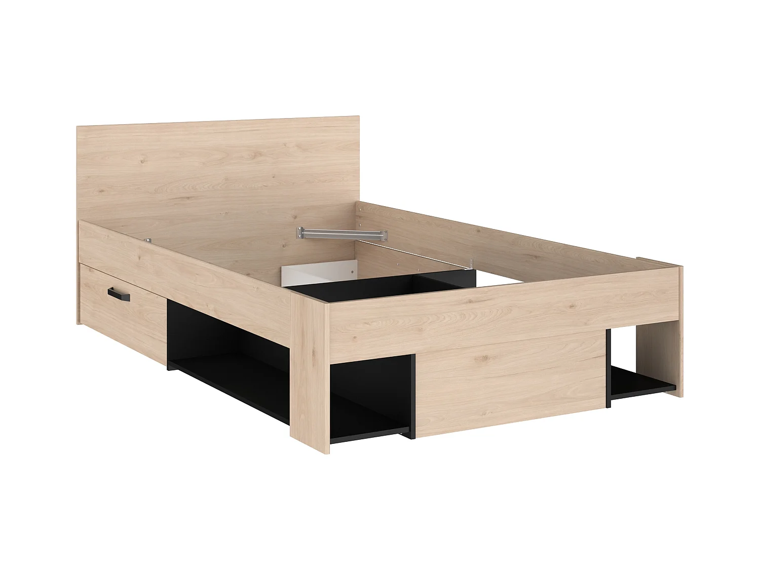 Lit 120 x 190/200 cm avec tête de lit et rangements - Coloris : Naturel et noir - KINSELIA