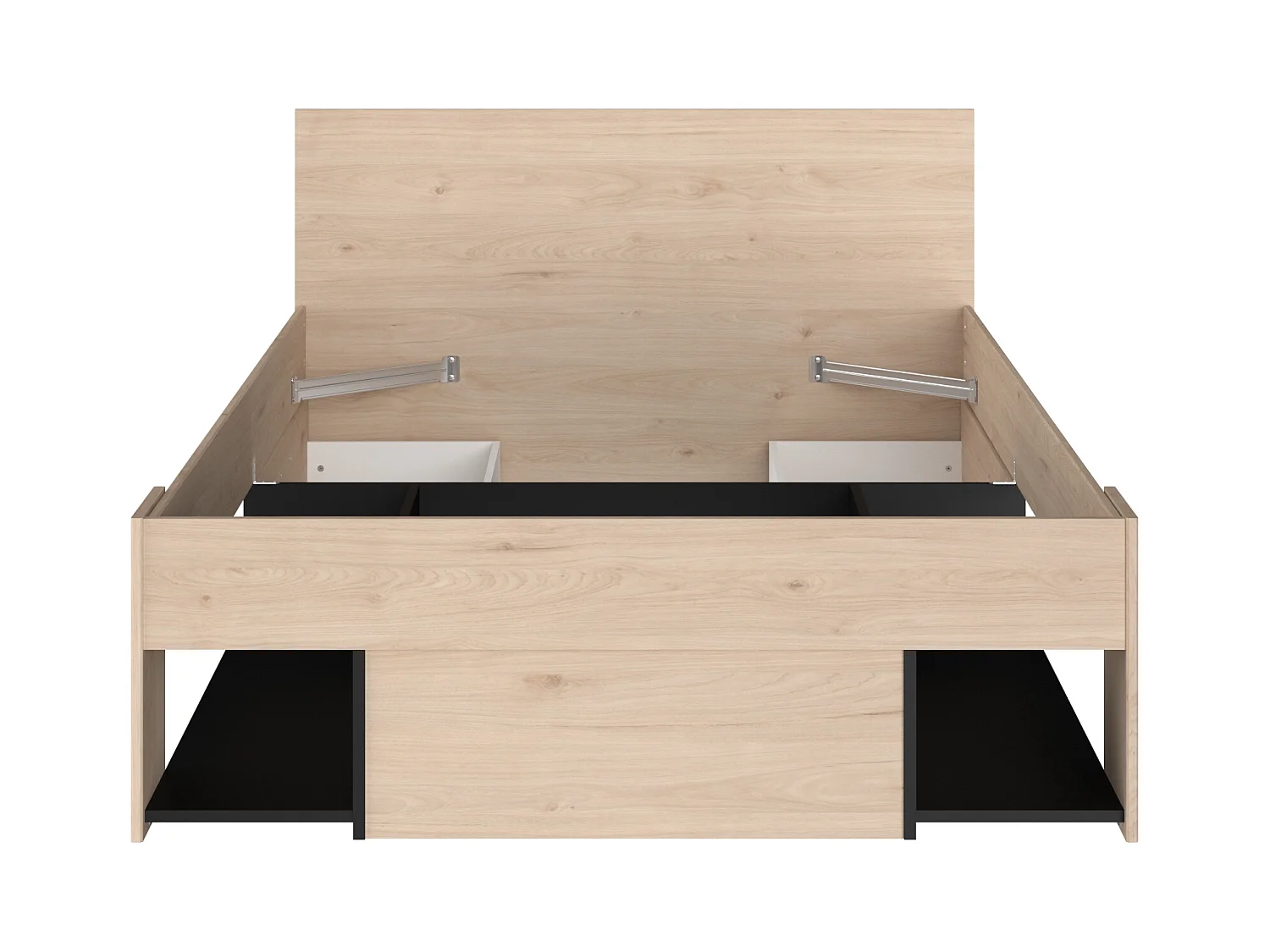 Lit 120 x 190/200 cm avec tête de lit et rangements - Coloris : Naturel et noir - KINSELIA