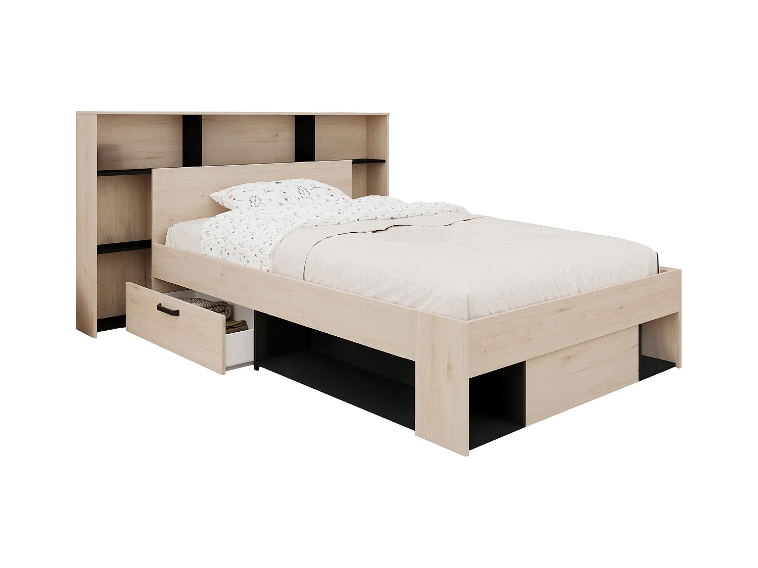 Lit 120 x 190/200 cm avec tête de lit et rangements - Coloris : Naturel et noir - KINSELIA