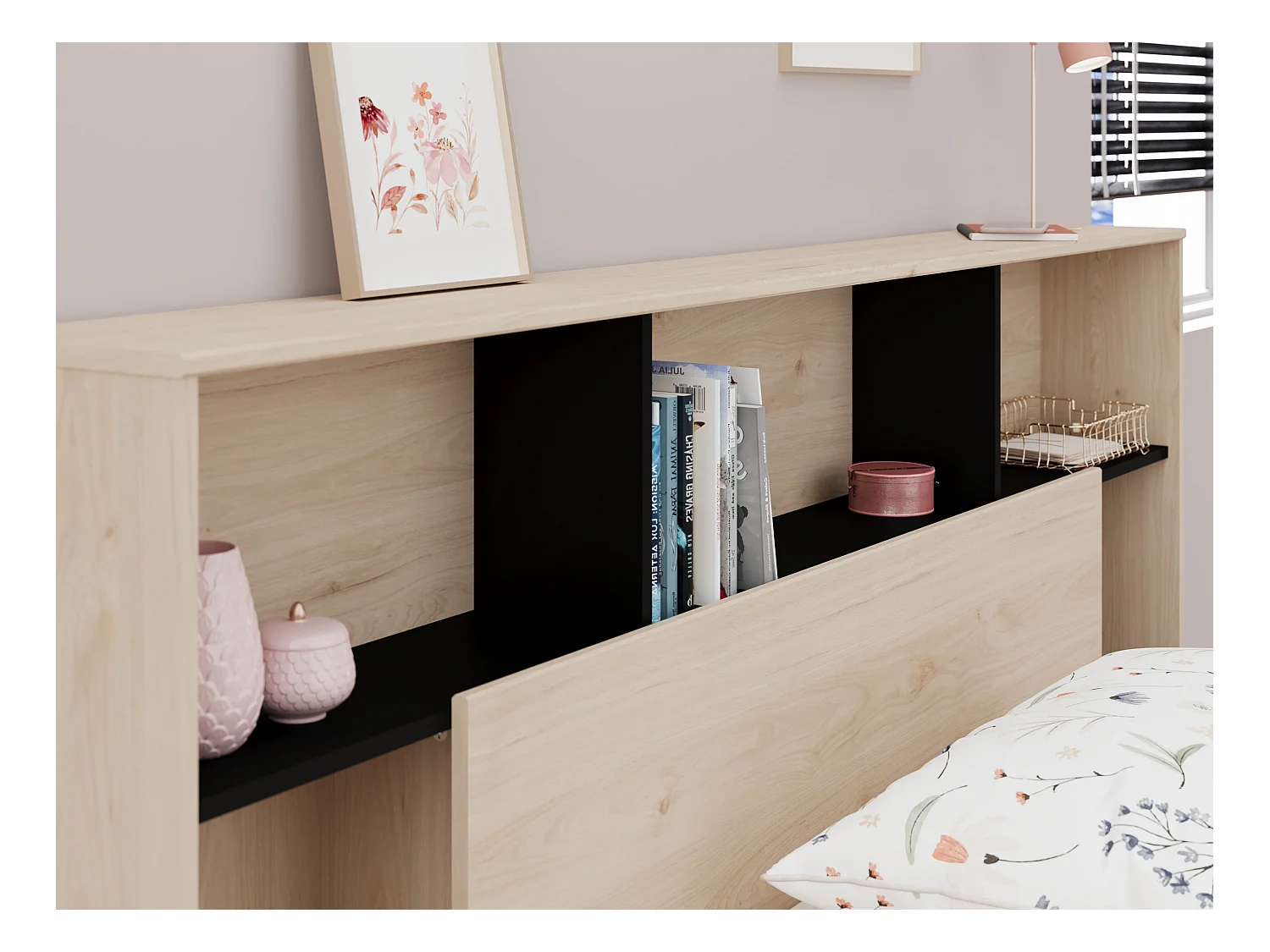 Lit 120 x 190/200 cm avec tête de lit et rangements - Coloris : Naturel et noir - KINSELIA