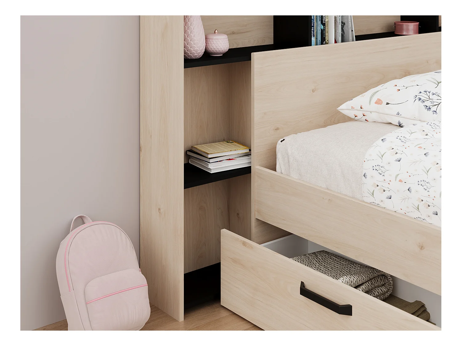 Lit 120 x 190/200 cm avec tête de lit et rangements - Coloris : Naturel et noir - KINSELIA