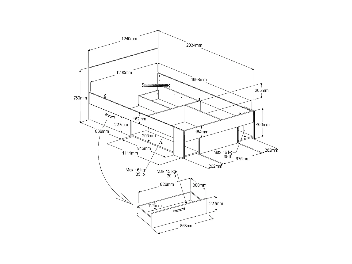 Lit 120 x 190/200 cm avec tête de lit et rangements - Coloris : Naturel et noir - KINSELIA