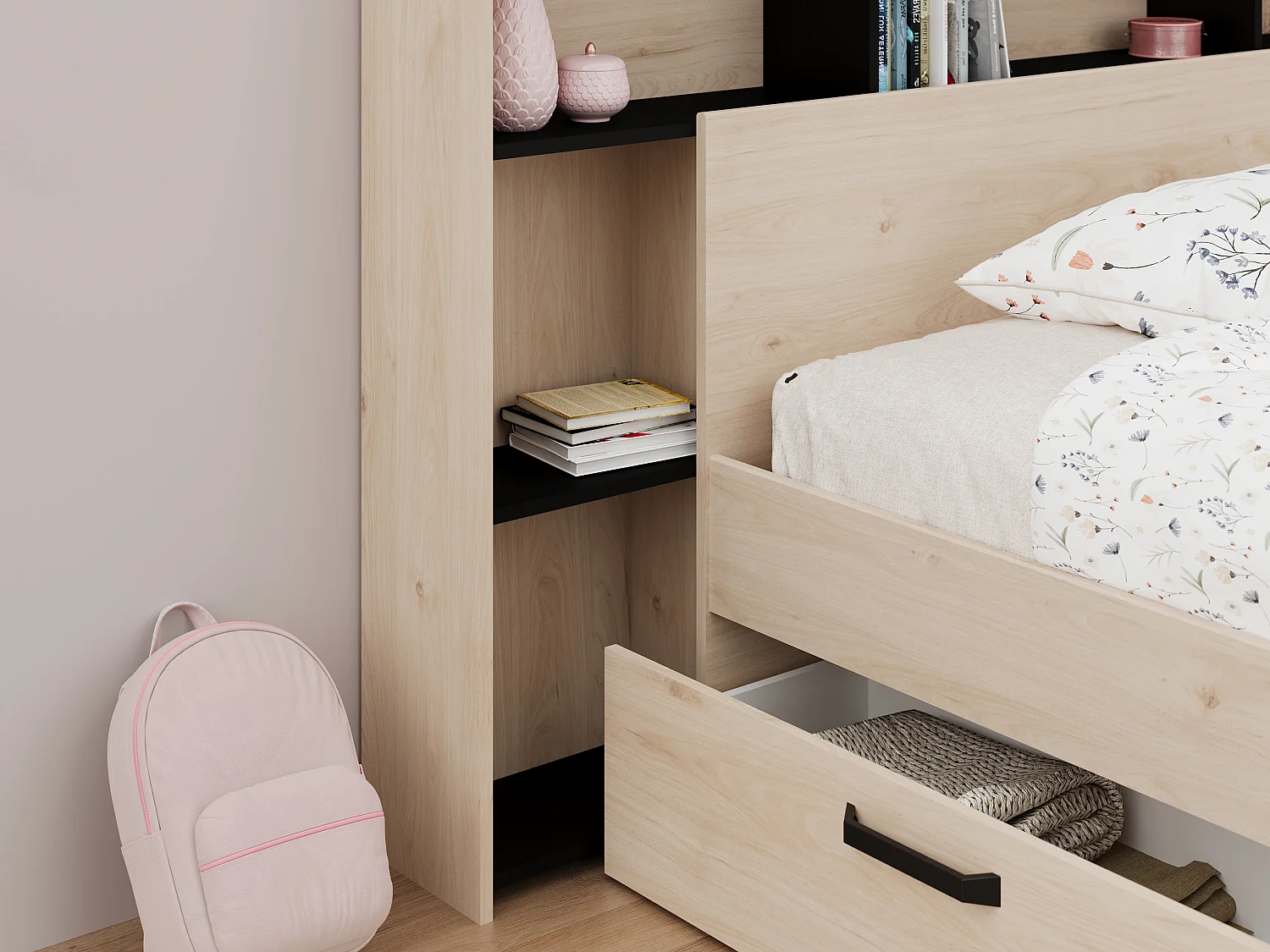 Lit 120 x 190/200 cm avec tête de lit et rangements - Coloris : Naturel et noir + Sommier - KINSELIA