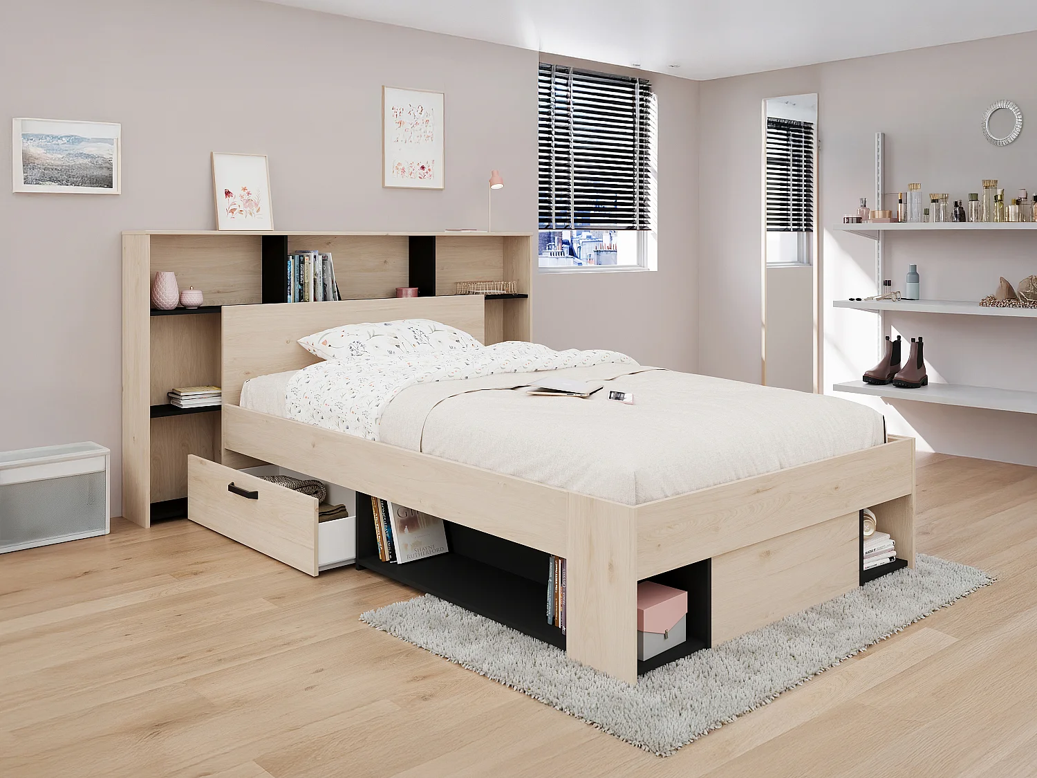 Lit 120 x 190/200 cm avec tête de lit et rangements - Coloris : Naturel et noir + Sommier - KINSELIA