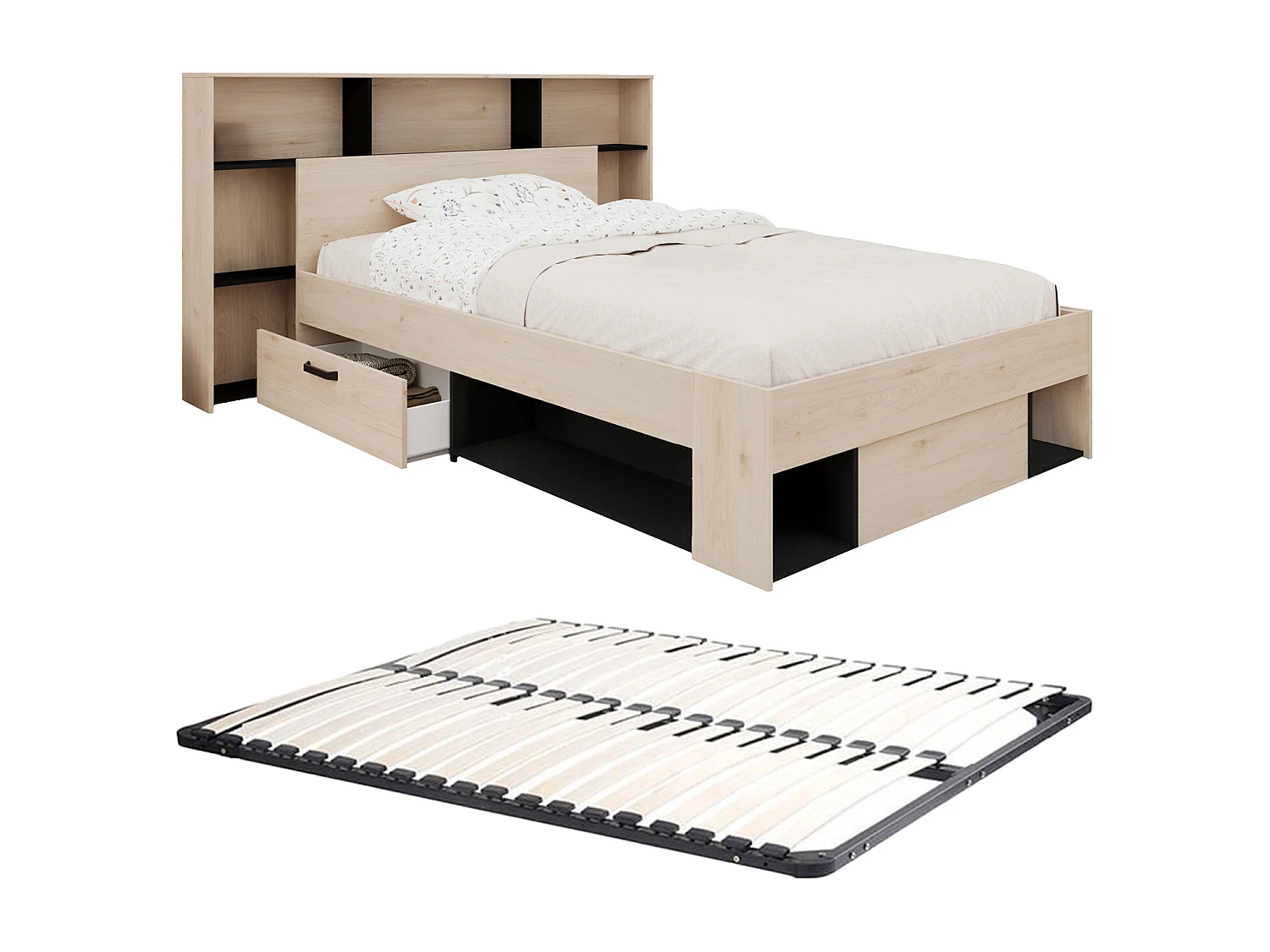 Cama 120 x 190/200 cm con cabecero y almacenamiento - Color: Natural y negro + Somier - KINSELIA