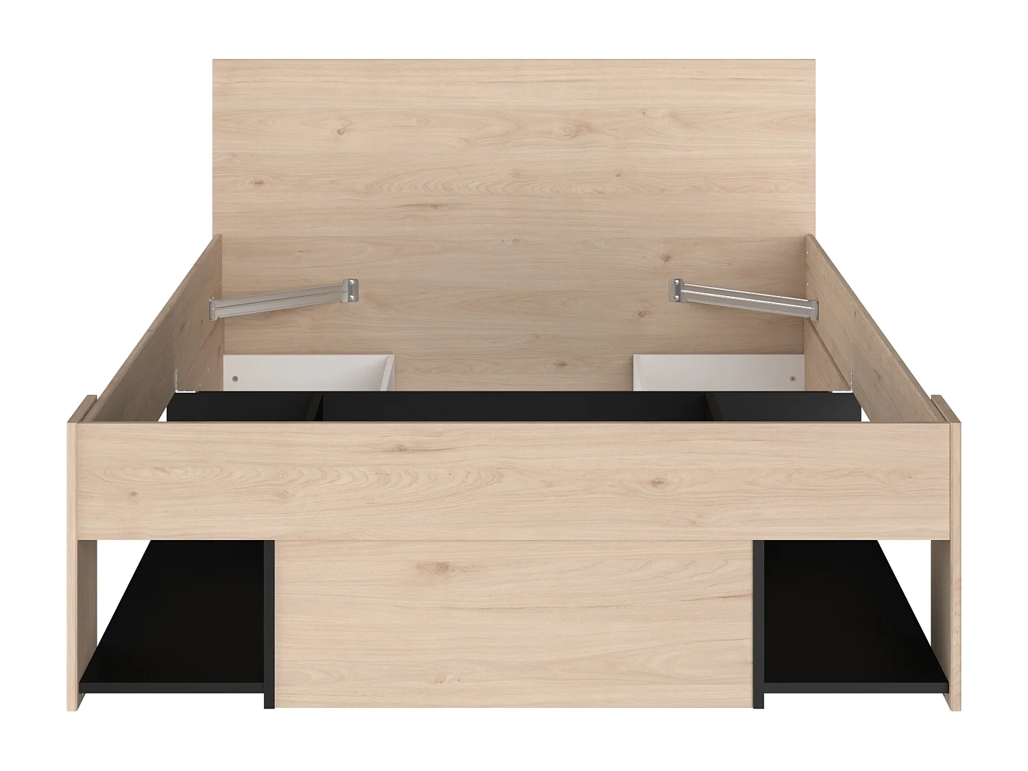 Cama 120 x 190/200 cm com cabeceira e espaços de arrumação - Cores: Natural e preto + Estrado + Colchão - KINSELIA