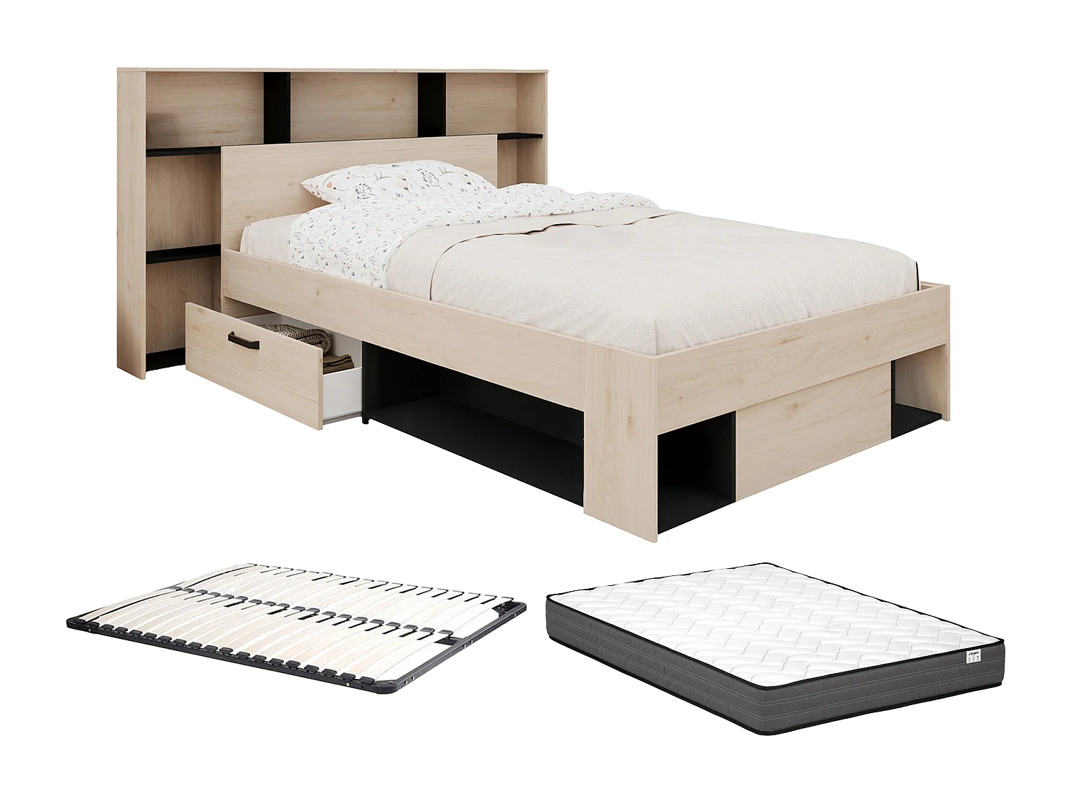 Cama 120 x 190/200 cm com cabeceira e espaços de arrumação - Cores: Natural e preto + Estrado + Colchão - KINSELIA