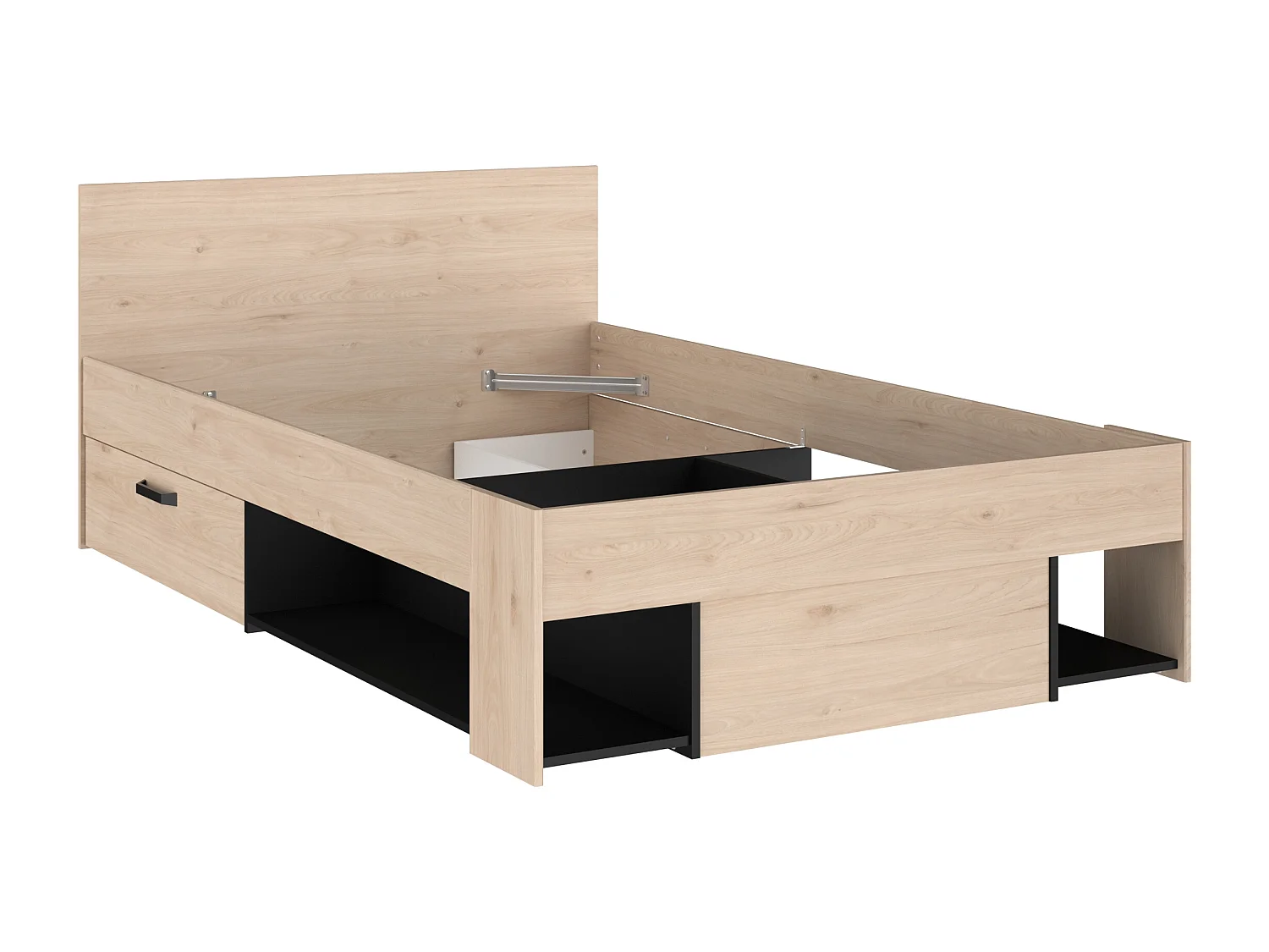 Lit 120 x 190/200 cm avec tête de lit et rangements - Coloris : Naturel et noir + Sommier + Matelas - KINSELIA