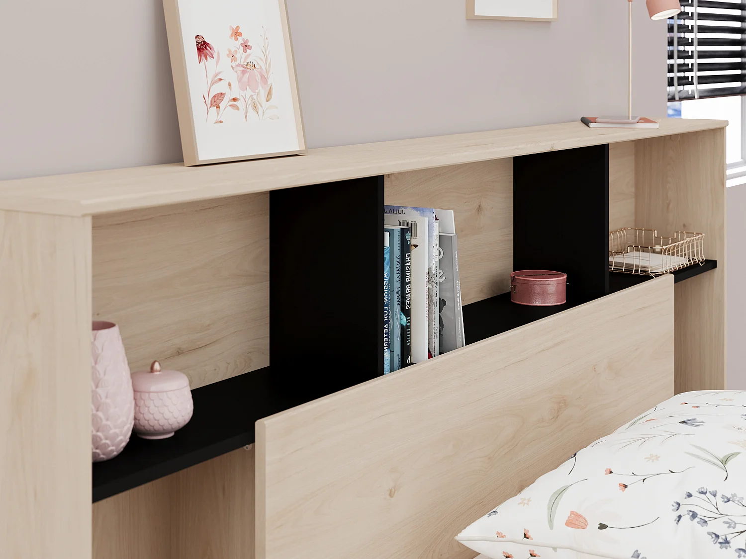 Lit 120 x 190/200 cm avec tête de lit et rangements - Coloris : Naturel et noir + Sommier + Matelas - KINSELIA