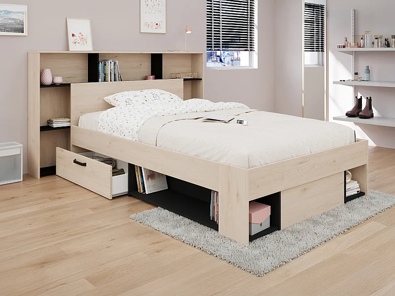 Lit 120 x 190/200 cm avec tête de lit et rangements - Coloris : Naturel et noir + Sommier + Matelas - KINSELIA