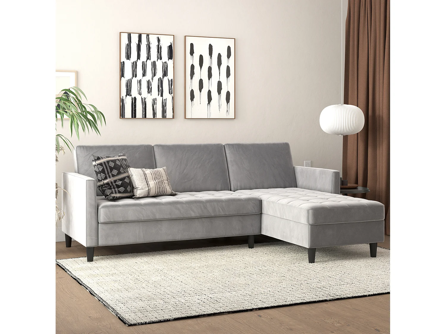 Presley | Canapé-lit 3 places avec méridienne en velours gris