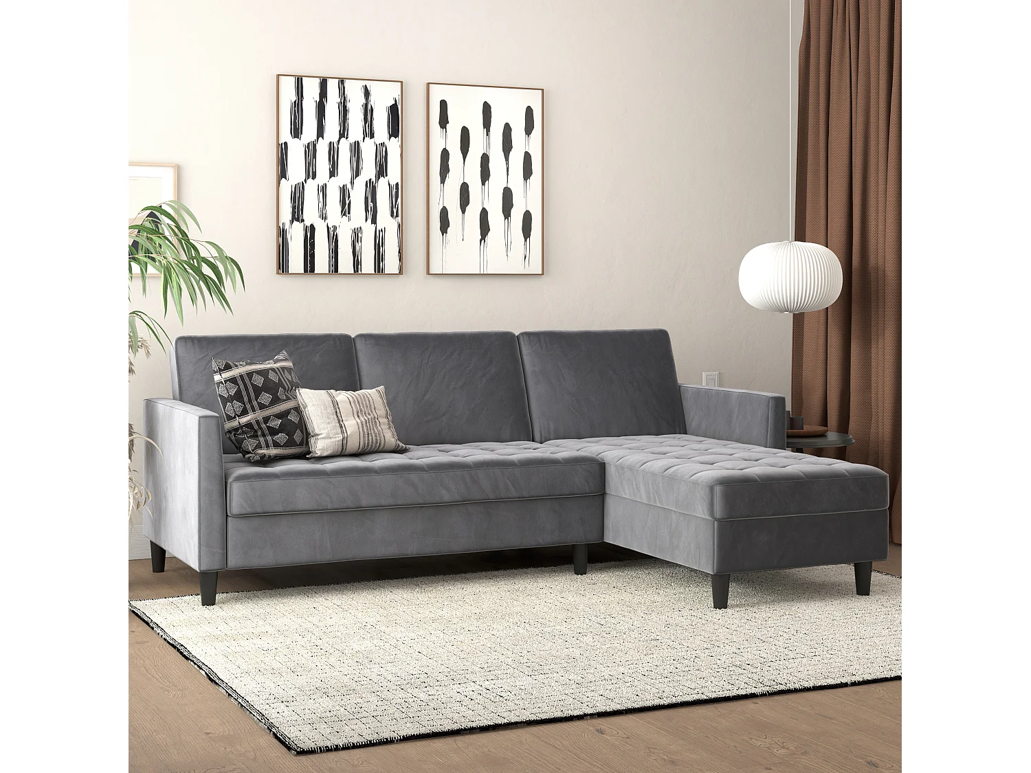 Presley | Canapé lit 3 places avec méridienne en velours anthracite