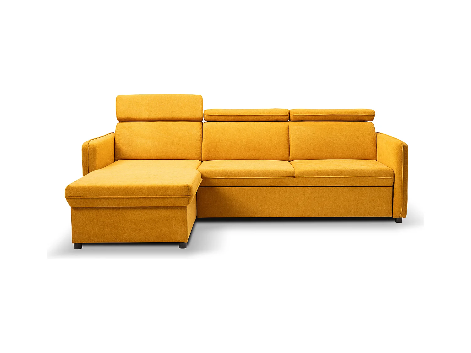 Canapé d'angle NOTTI convertible - Tétières mobiles - Coffre de rangement - Tissu lisse jaune moutarde- Angle réversible