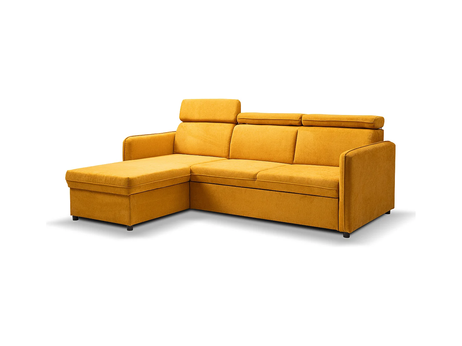 Canapé d'angle NOTTI convertible - Tétières mobiles - Coffre de rangement - Tissu lisse jaune moutarde- Angle réversible