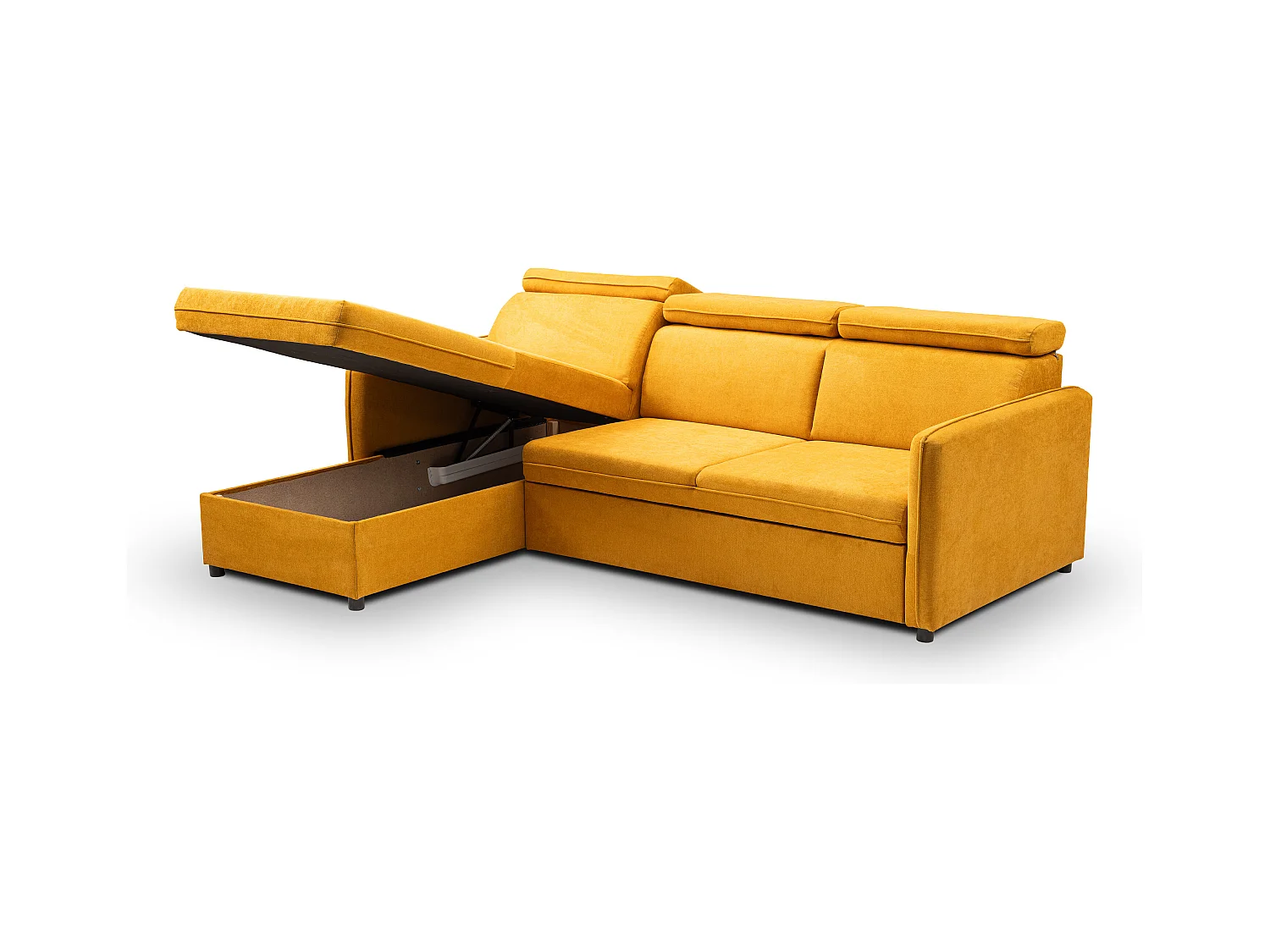 Canapé d'angle NOTTI convertible - Tétières mobiles - Coffre de rangement - Tissu lisse jaune moutarde- Angle réversible