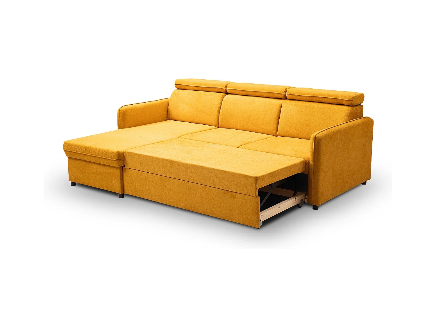 Canapé d'angle NOTTI convertible - Tétières mobiles - Coffre de rangement - Tissu lisse jaune moutarde- Angle réversible