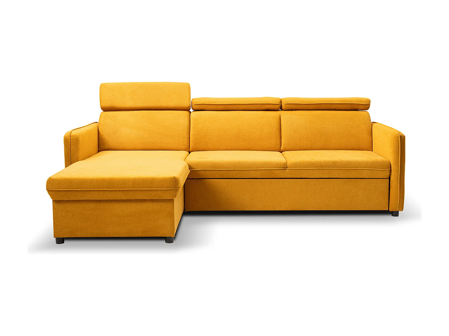 Canapé d'angle NOTTI convertible - Tétières mobiles - Coffre de rangement - Tissu lisse jaune moutarde- Angle réversible