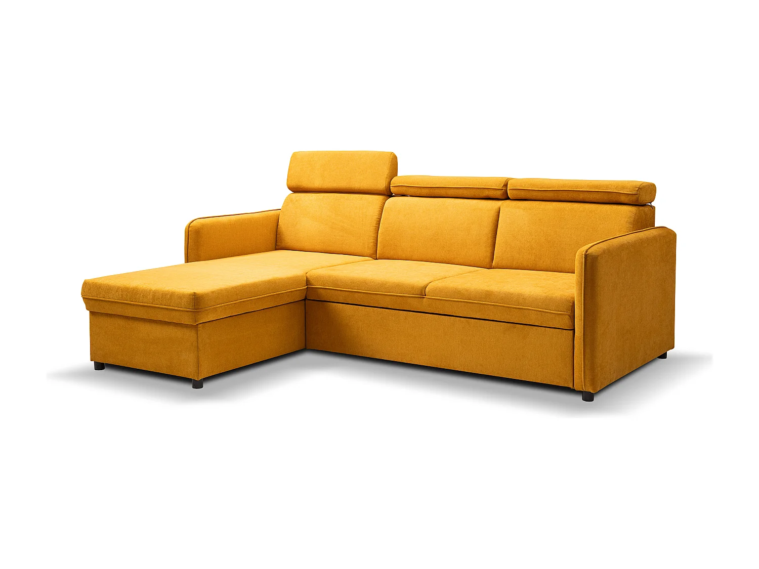 Canapé d'angle NOTTI convertible - Tétières mobiles - Coffre de rangement - Tissu lisse jaune moutarde- Angle réversible