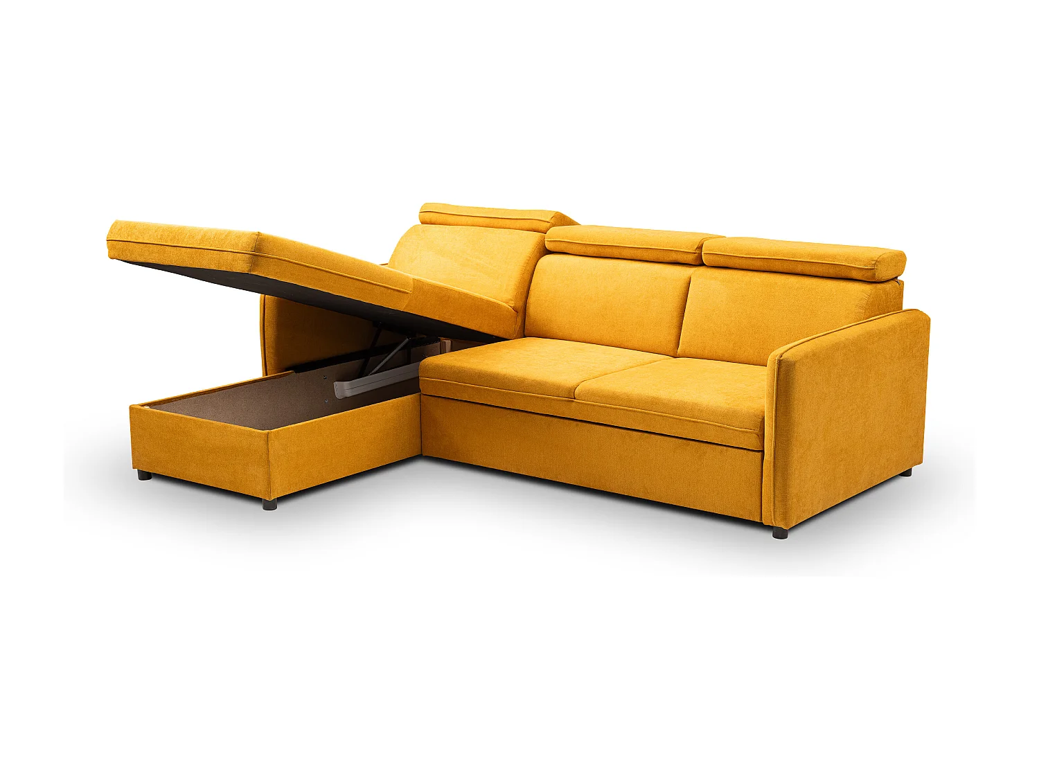 Canapé d'angle NOTTI convertible - Tétières mobiles - Coffre de rangement - Tissu lisse jaune moutarde- Angle réversible