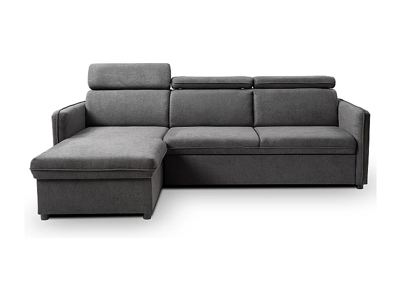 Canapé d'angle NOTTI convertible - Tétières mobiles - Coffre de rangement - Tissu lisse gris foncé - Angle réversible