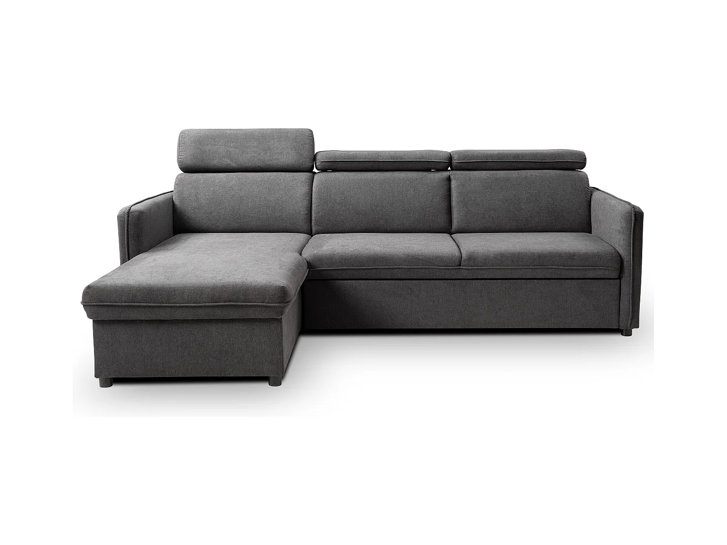 Canapé d'angle NOTTI convertible - Tétières mobiles - Coffre de rangement - Tissu lisse gris foncé - Angle réversible