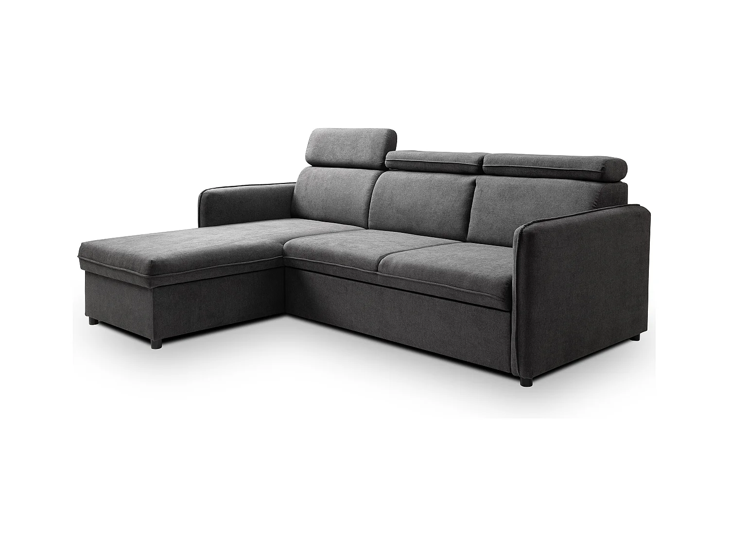 Canapé d'angle NOTTI convertible - Tétières mobiles - Coffre de rangement - Tissu lisse gris foncé - Angle réversible