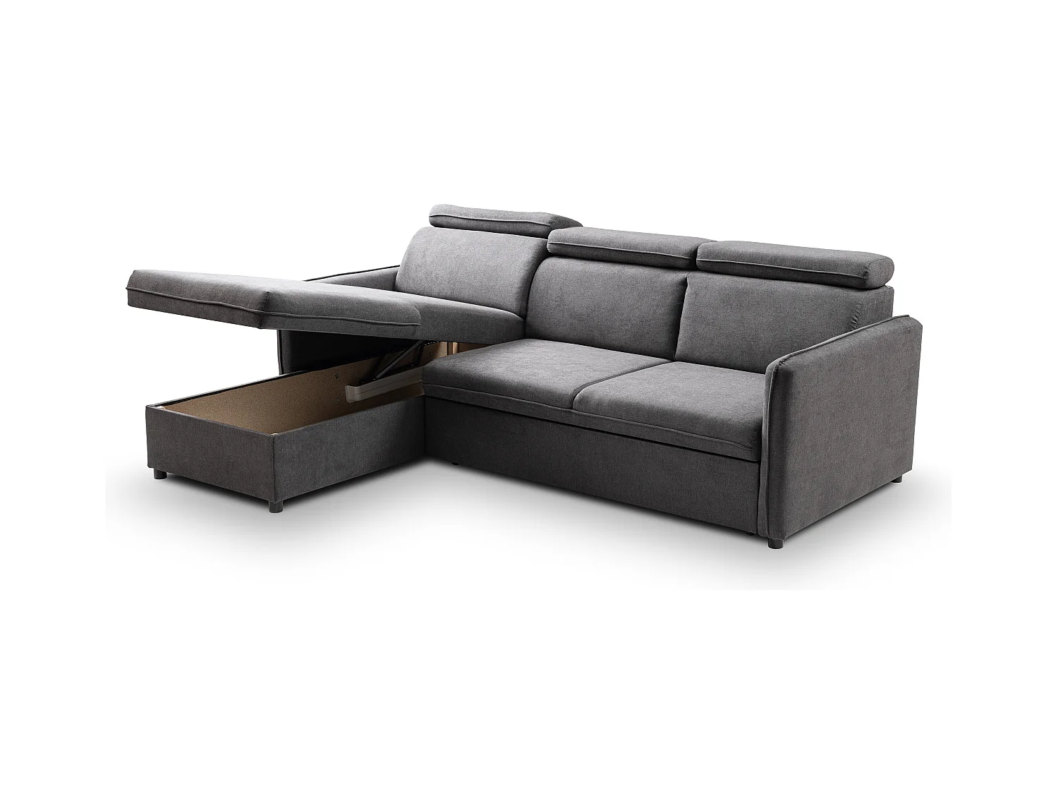 Canapé d'angle NOTTI convertible - Tétières mobiles - Coffre de rangement - Tissu lisse gris foncé - Angle réversible