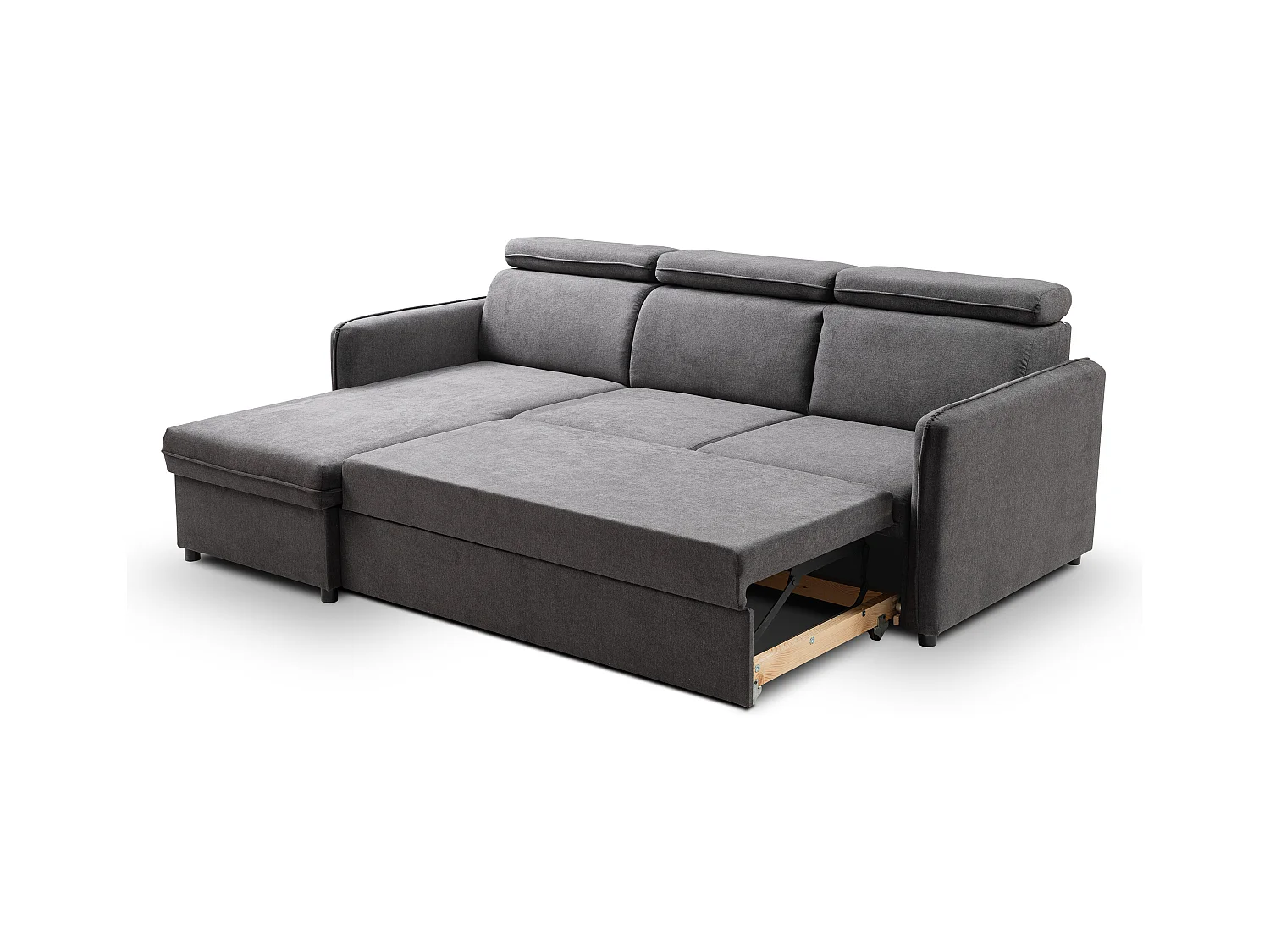 Canapé d'angle NOTTI convertible - Tétières mobiles - Coffre de rangement - Tissu lisse gris foncé - Angle réversible