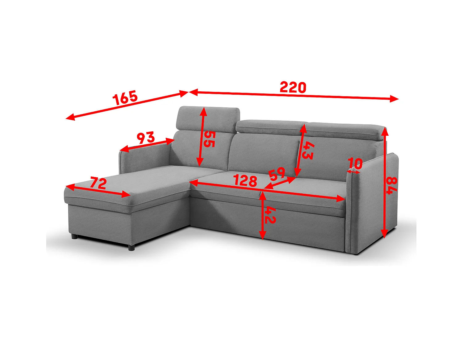 Canapé d'angle NOTTI convertible - Tétières mobiles - Coffre de rangement - Tissu lisse gris foncé - Angle réversible