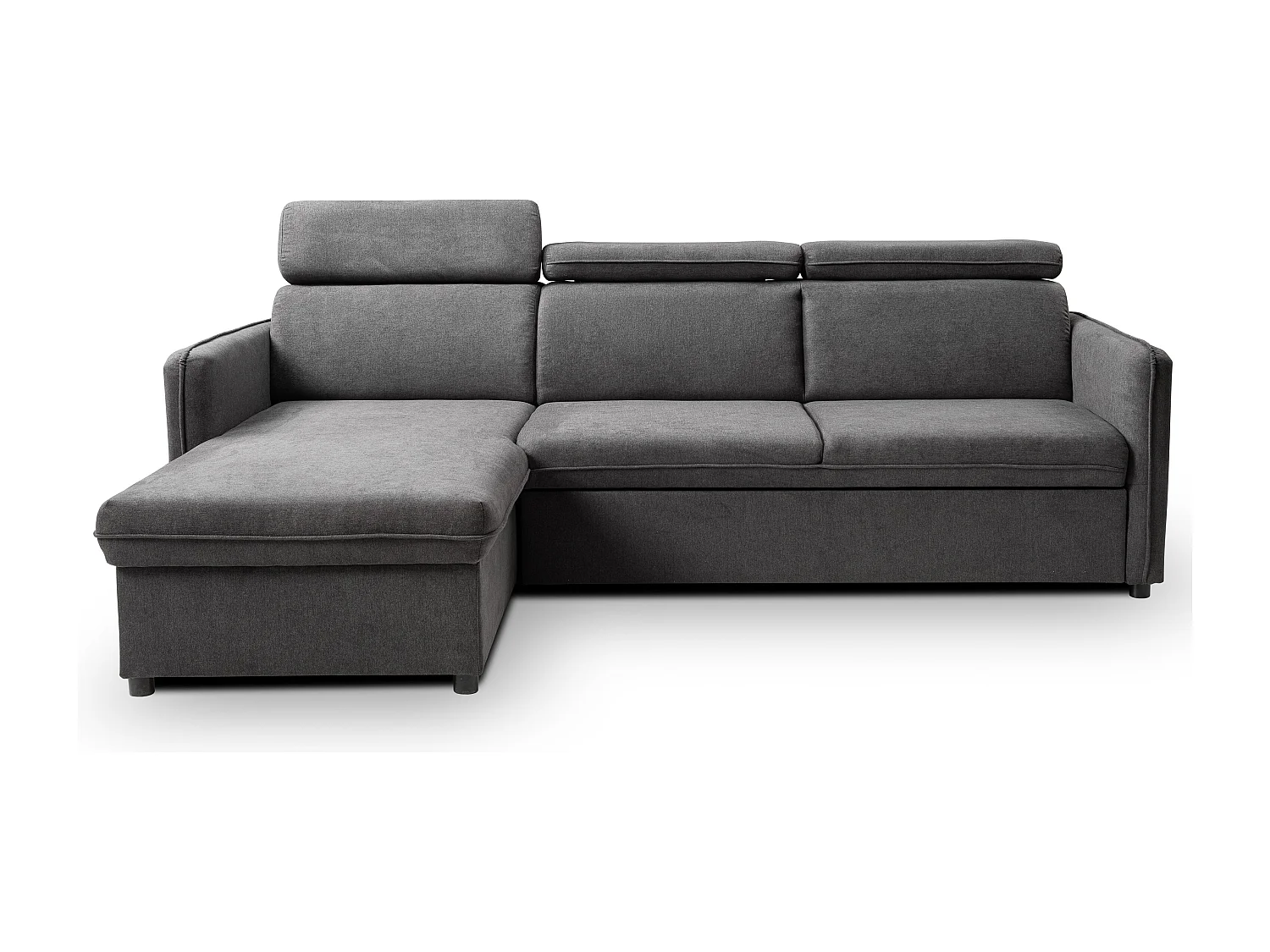 Canapé d'angle NOTTI convertible - Tétières mobiles - Coffre de rangement - Tissu lisse gris foncé - Angle réversible