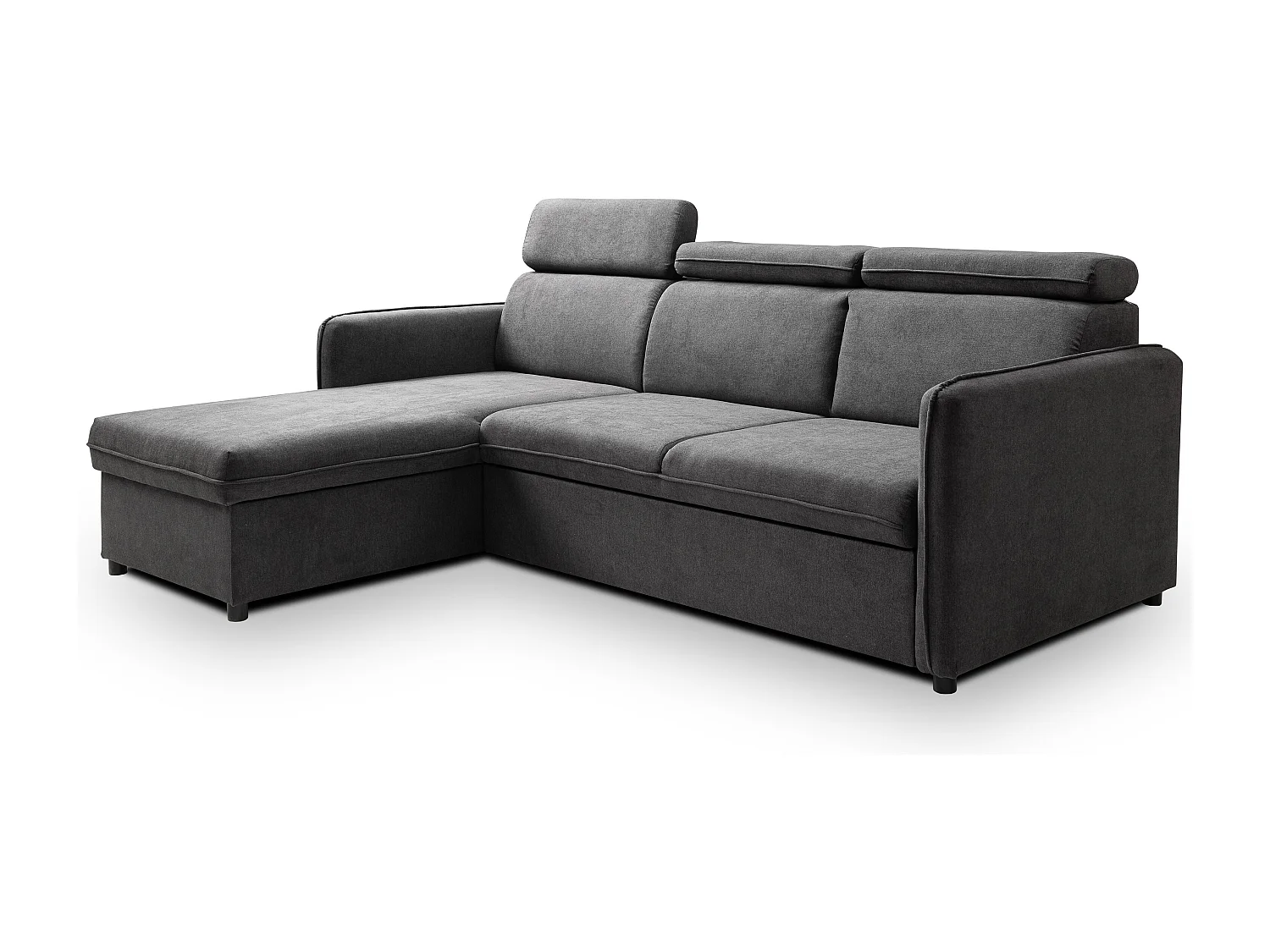 Canapé d'angle NOTTI convertible - Tétières mobiles - Coffre de rangement - Tissu lisse gris foncé - Angle réversible