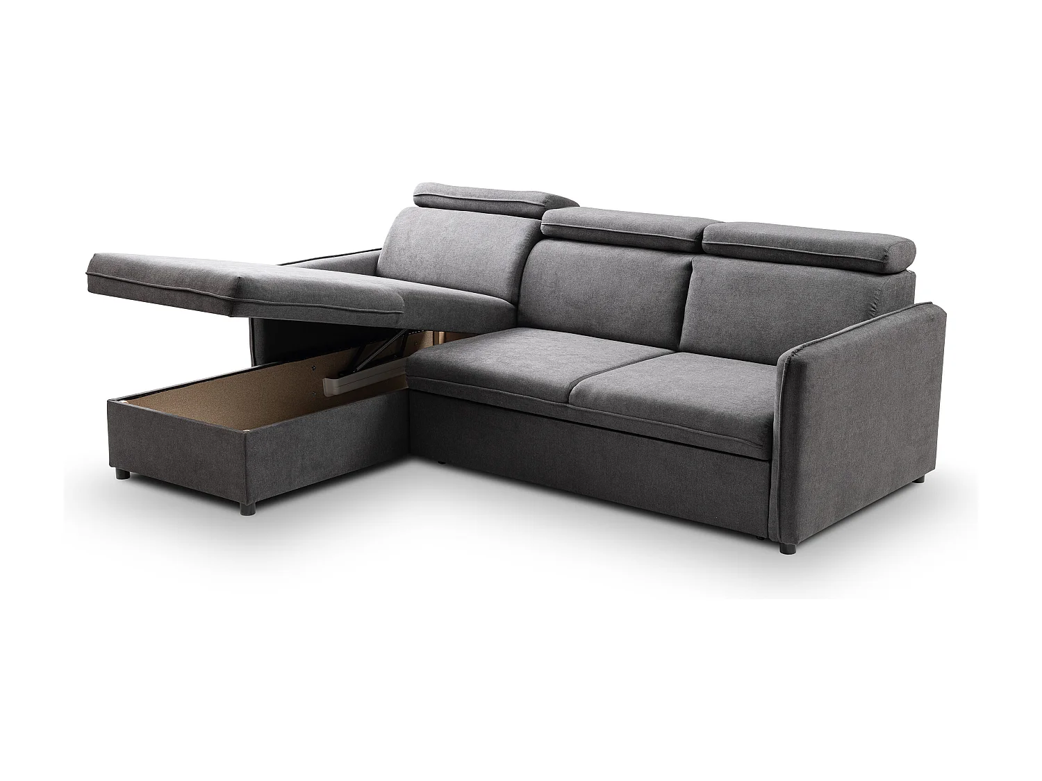 Canapé d'angle NOTTI convertible - Tétières mobiles - Coffre de rangement - Tissu lisse gris foncé - Angle réversible