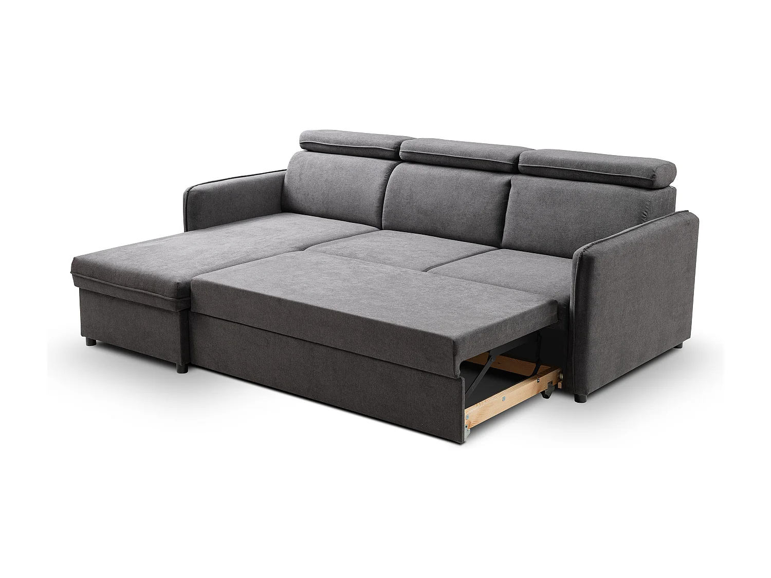 Canapé d'angle NOTTI convertible - Tétières mobiles - Coffre de rangement - Tissu lisse gris foncé - Angle réversible