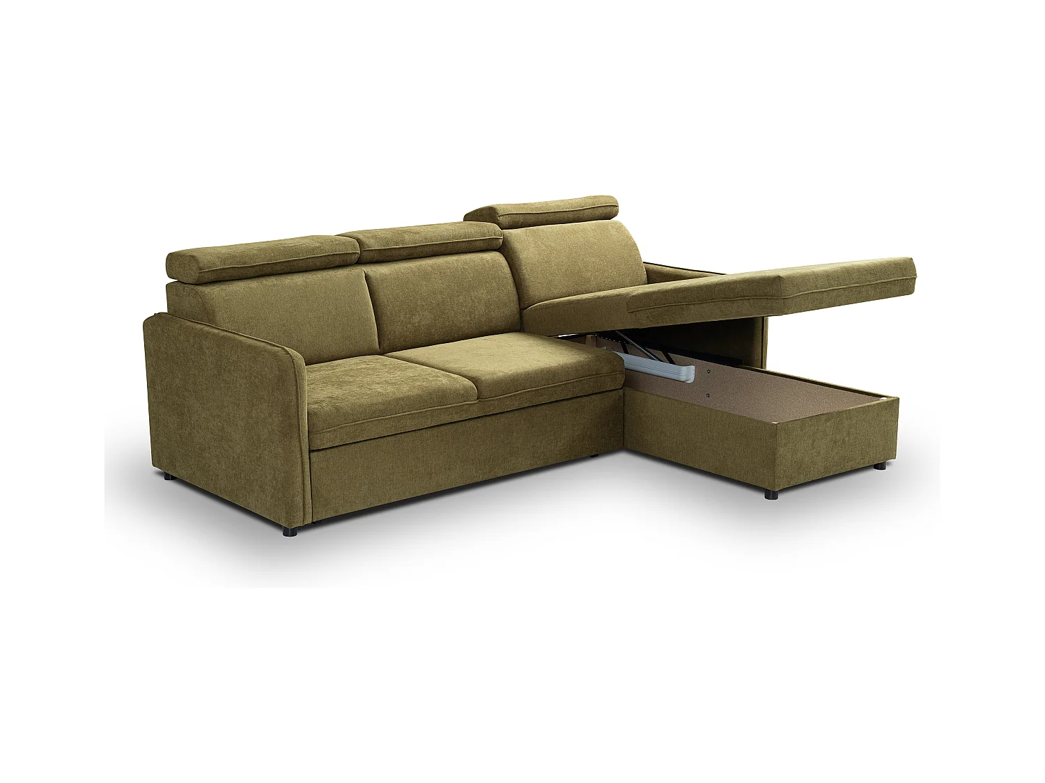 Canapé d'angle NOTTI convertible - Tétières mobiles - Coffre de rangement - Tissu lisse vert - Angle réversible