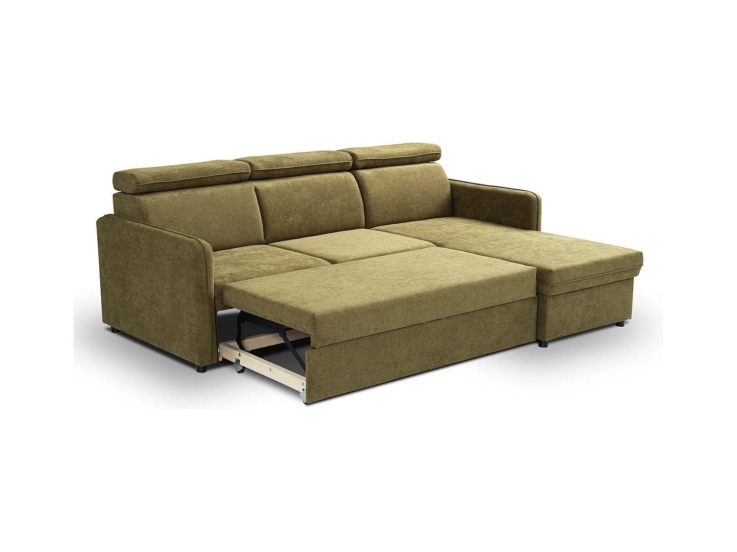 Canapé d'angle NOTTI convertible - Tétières mobiles - Coffre de rangement - Tissu lisse vert - Angle réversible