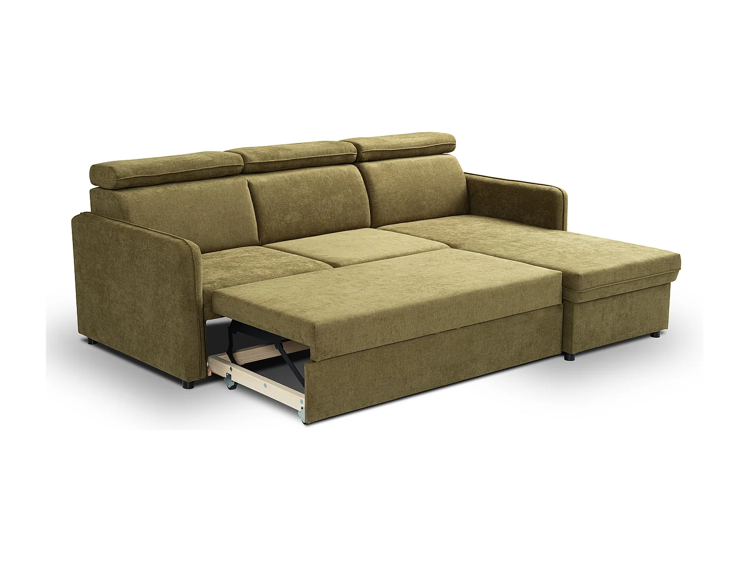 Canapé d'angle NOTTI convertible - Tétières mobiles - Coffre de rangement - Tissu lisse vert - Angle réversible