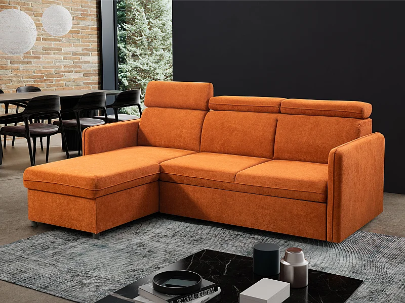 Canapé d'angle NOTTI convertible - Tétières mobiles - Coffre de rangement - Tissu lisse terracotta- Angle réversible