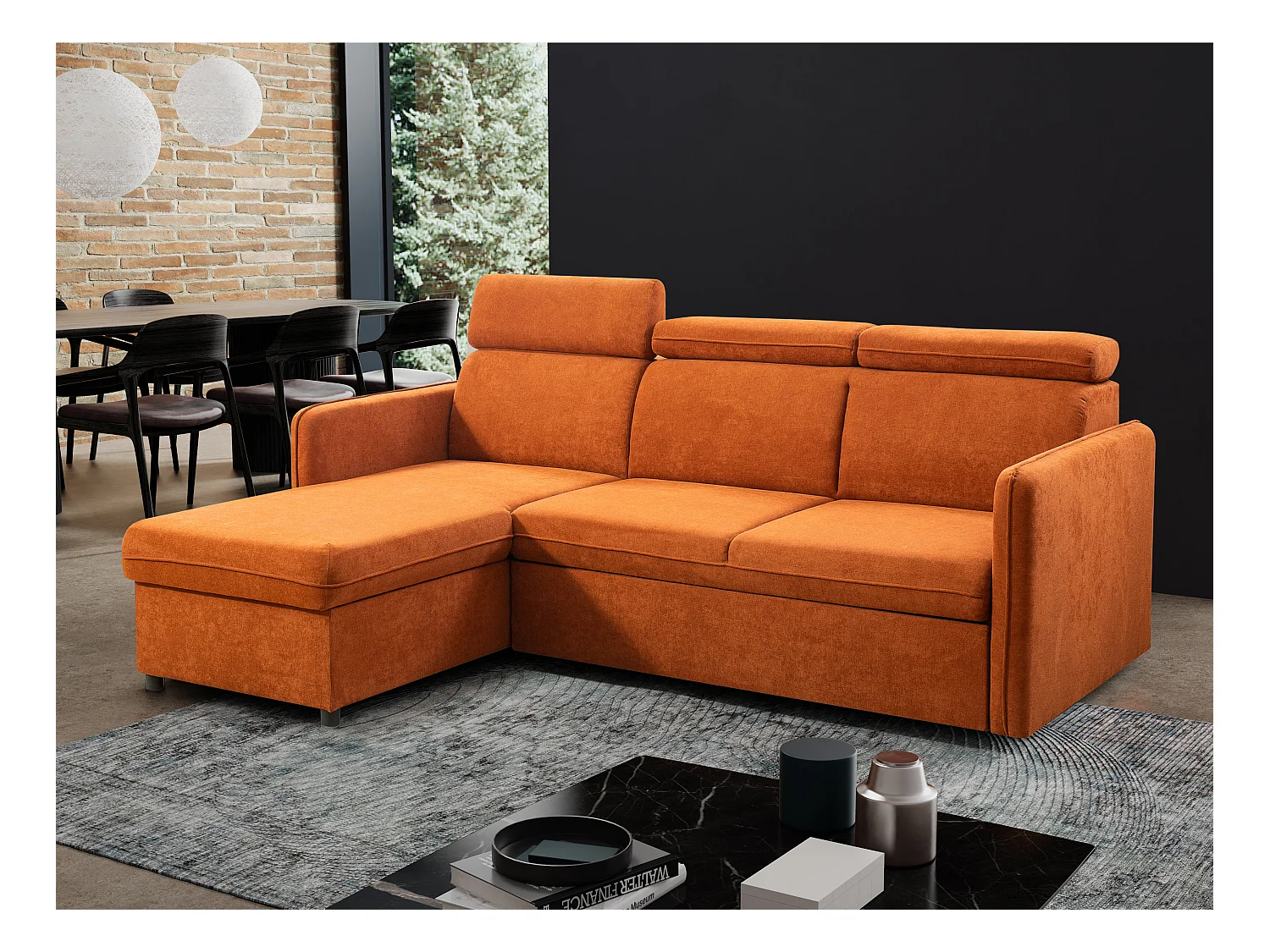 Canapé d'angle NOTTI convertible - Tétières mobiles - Coffre de rangement - Tissu lisse terracotta- Angle réversible