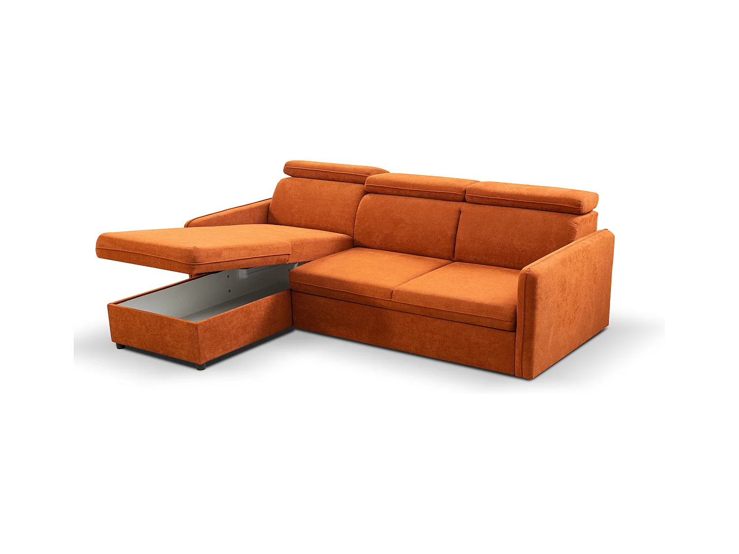 Canapé d'angle NOTTI convertible - Tétières mobiles - Coffre de rangement - Tissu lisse terracotta- Angle réversible