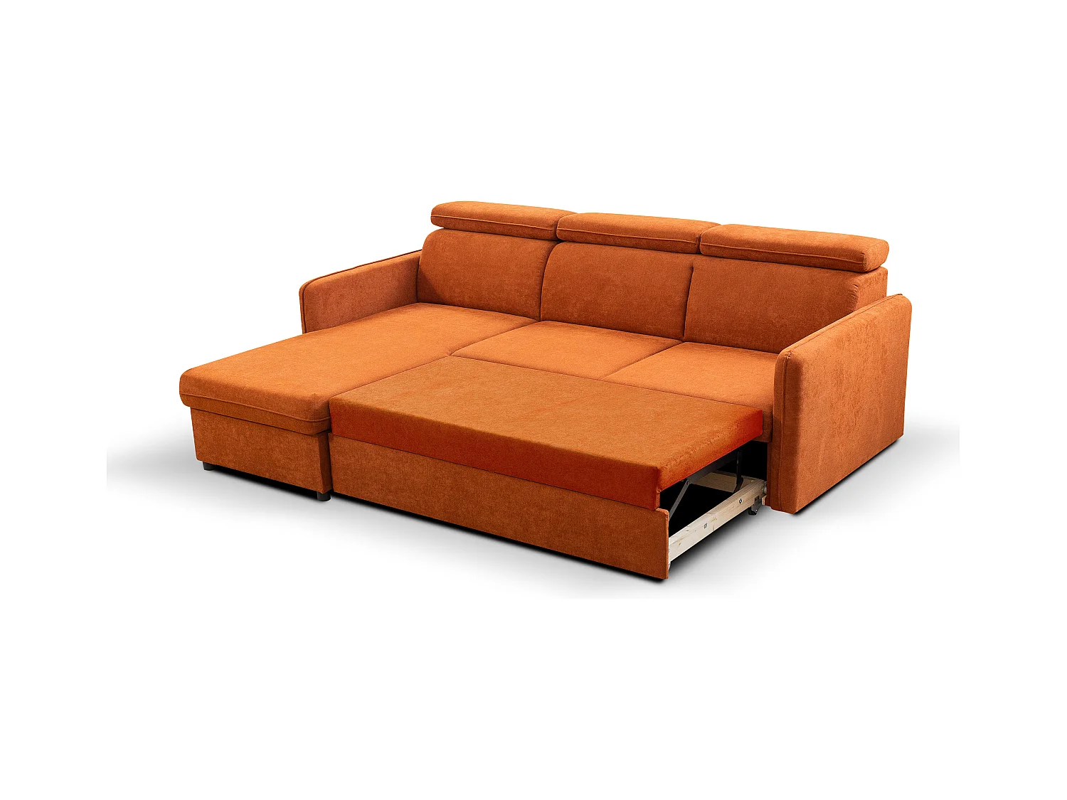 Canapé d'angle NOTTI convertible - Tétières mobiles - Coffre de rangement - Tissu lisse terracotta- Angle réversible