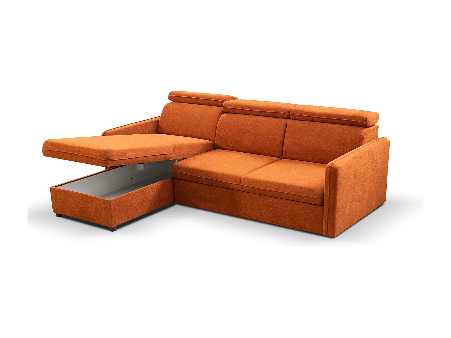 Canapé d'angle NOTTI convertible - Tétières mobiles - Coffre de rangement - Tissu lisse terracotta- Angle réversible